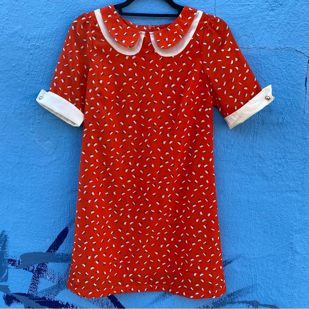 Paper Crane orange mini dress cuffed short sleeves peter pan collar, size small